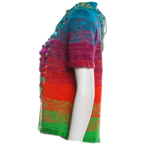 *$2,200 OSCAR DE LA RENTA SILK BEAD   KNIT ART RUNWAY TOP BLOUSE S - Picture 5 of 10